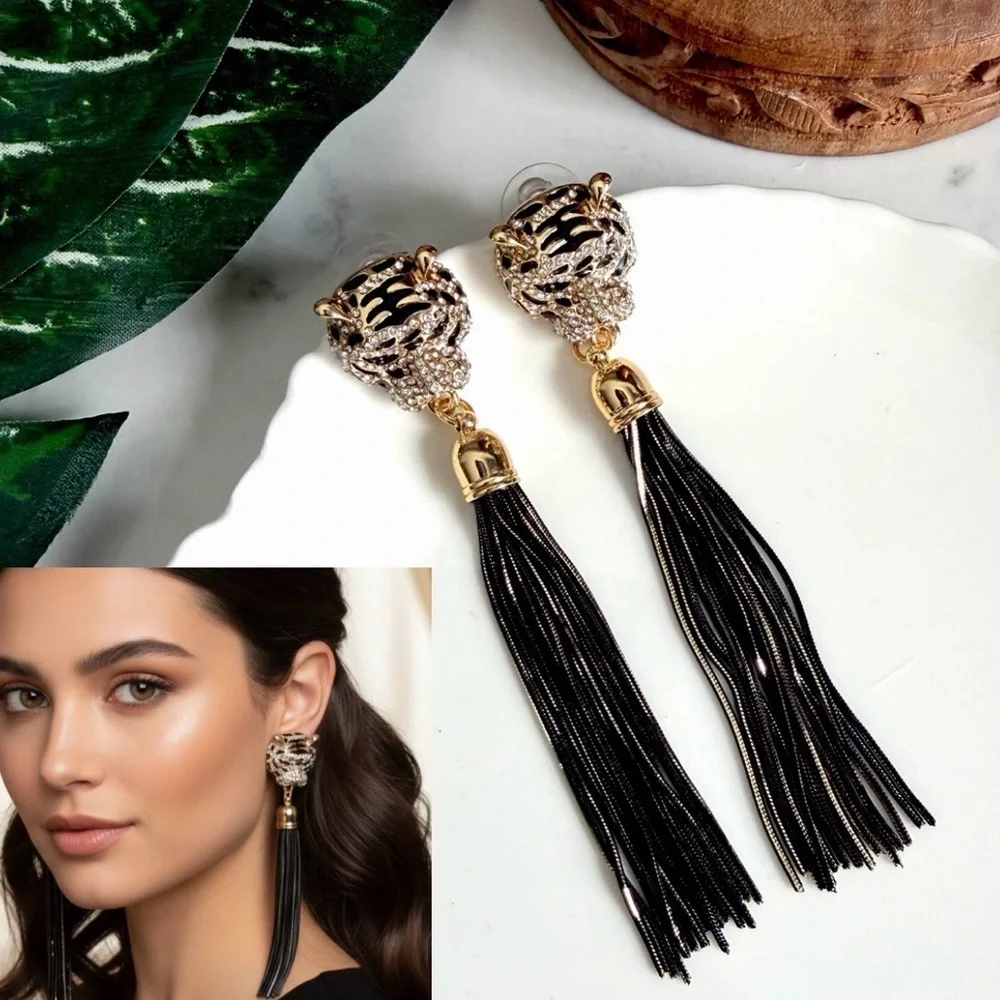 Gold Rhinestone Cheetah Leopard Earrings Long Tassel Fringe Sparkle Jewelry NEW